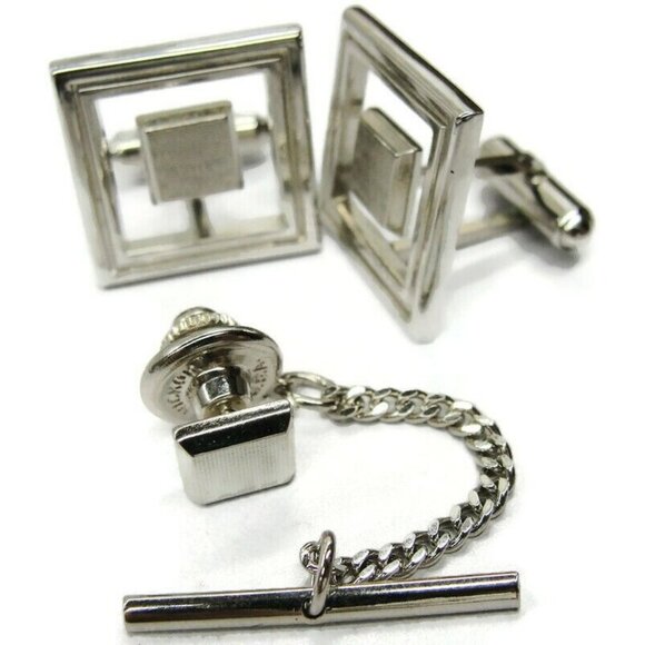 Cufflinks Tie Tac Set Floating Square Silver Tone Tux Suit Vintage - Picture 1 of 8